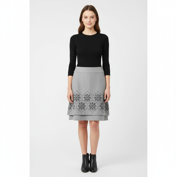 WEEKEND MaxMara Womens 6 Grey Embroidered Virgin Wool Tiered Floral Skirt - Picture 2 of 6